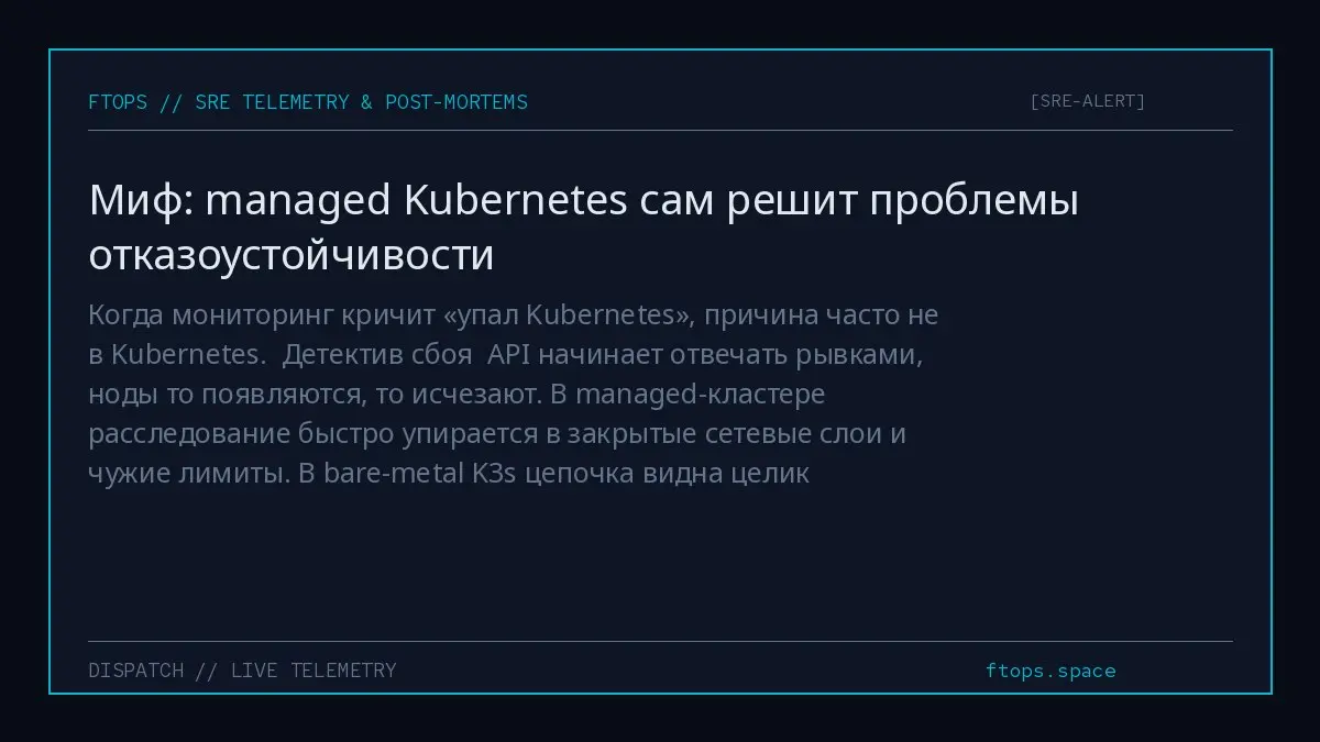 Когда мониторинг кричит «упал Kubernetes», причина часто не в Kubernetes.
Детектив сбоя
API начинает отвечать рывками, ноды то появляются, то исчезают | Сетка — социальная сеть от hh.ru
