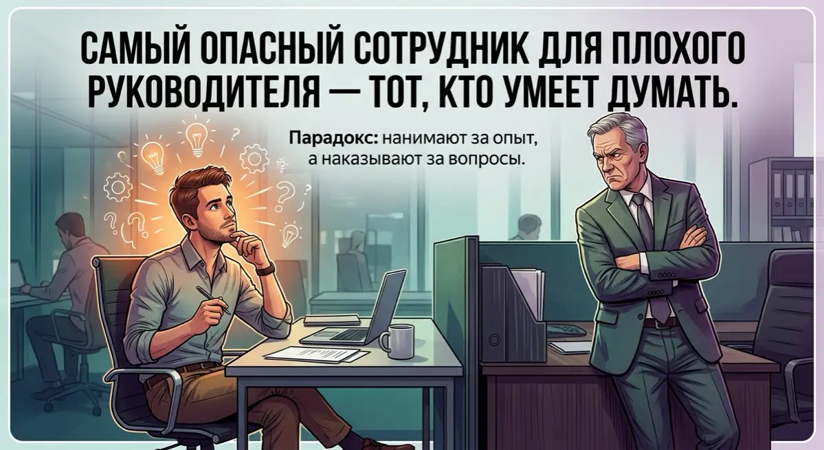 Самый опасный сотрудник для плохого руководителя — тот, кто умеет думать.
Пока сотрудник просто выполняет поручения, всё удобно. Поставили задачу — получил результат | Сетка — социальная сеть от hh.ru