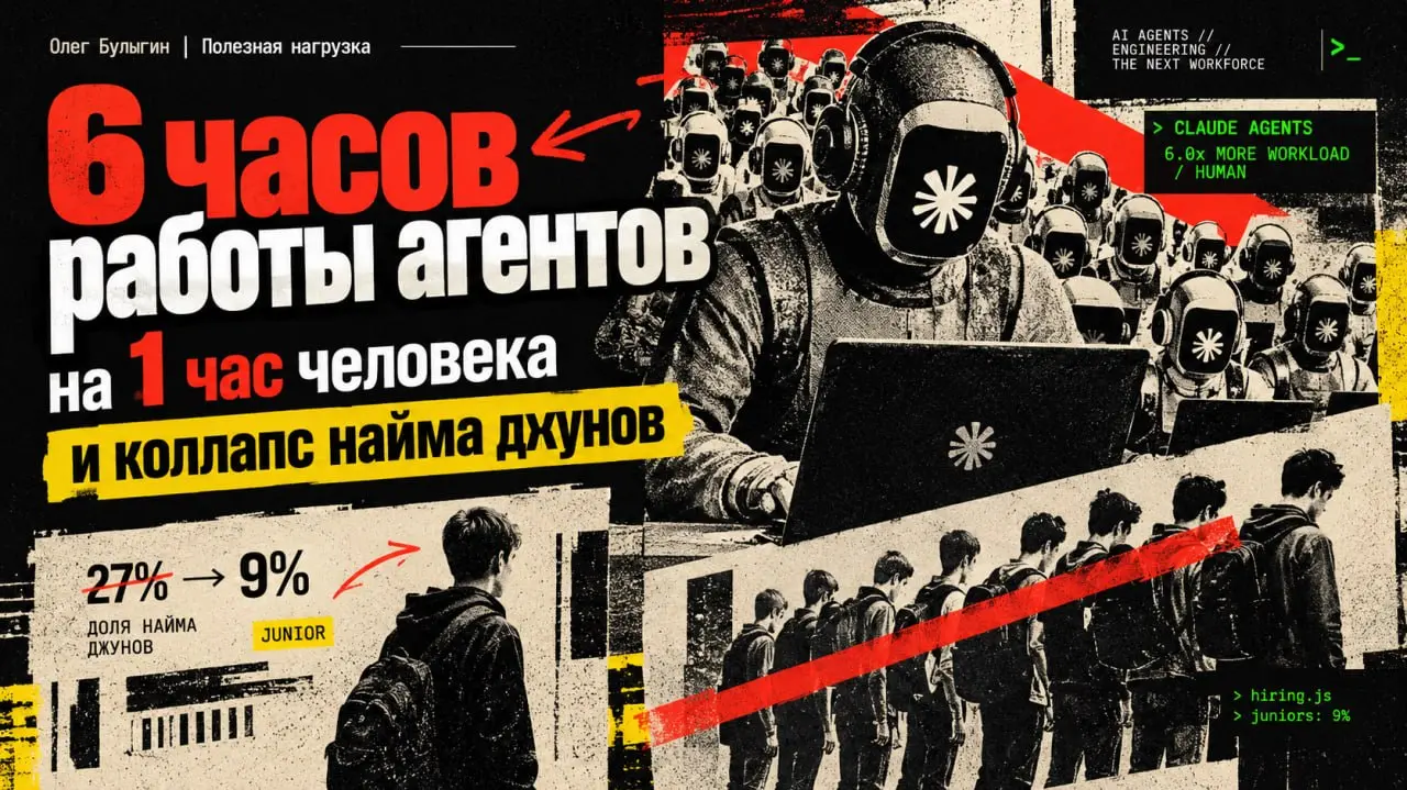 6 часов работы агентов на 1 час человека и коллапс найма джунов 🧑‍💻
Anthropic выкатили показательные материалы: большое исследование о том, как AI перекроил их собственную внутреннюю кухню, и разбор о... | Сетка — социальная сеть от hh.ru