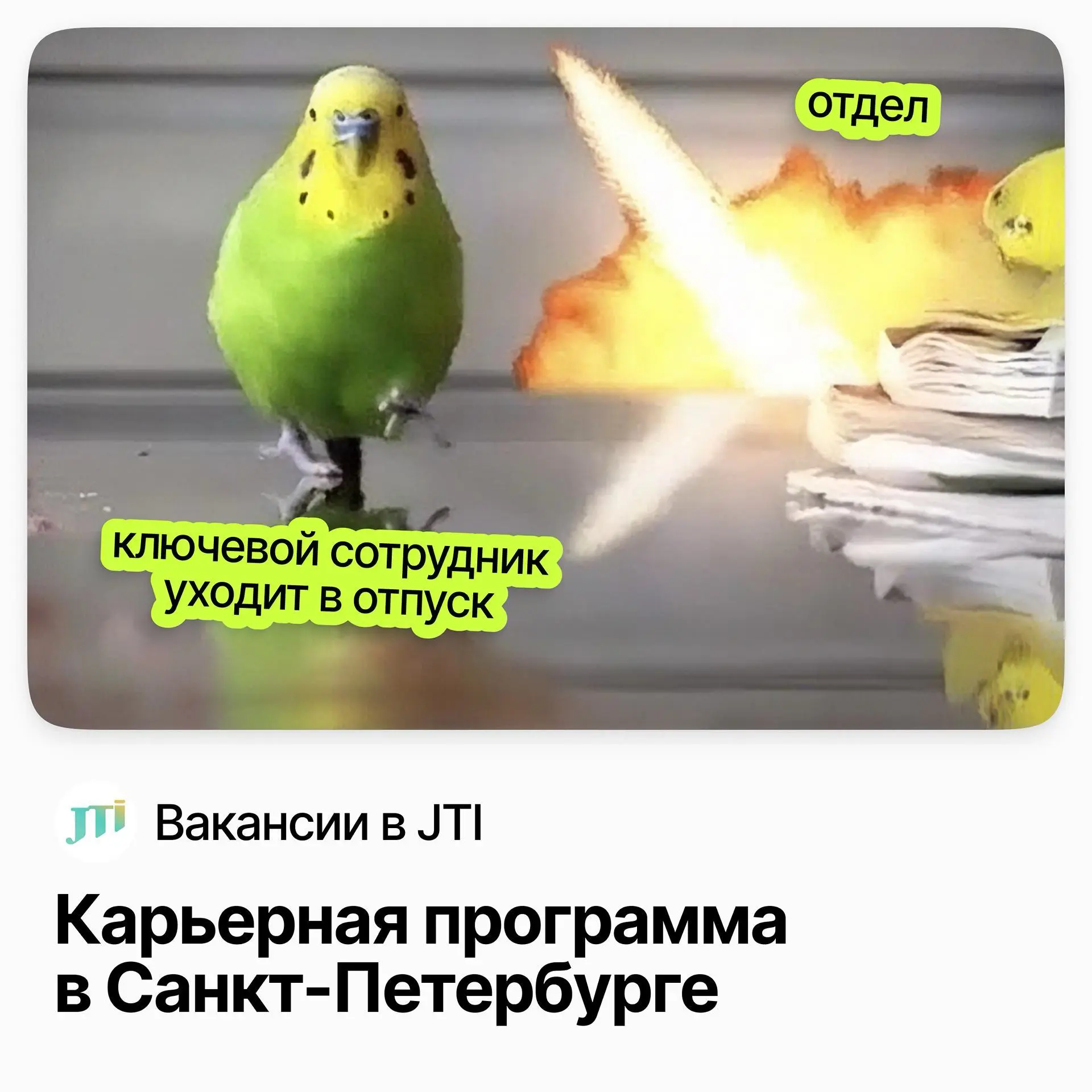 💼💼💼 Карьерная программа Инсайт в JTI — 8 направлений в Санкт-Петербурге
JTI — международная компания с командой более 4 000 сотрудников в России | Сетка — социальная сеть от hh.ru