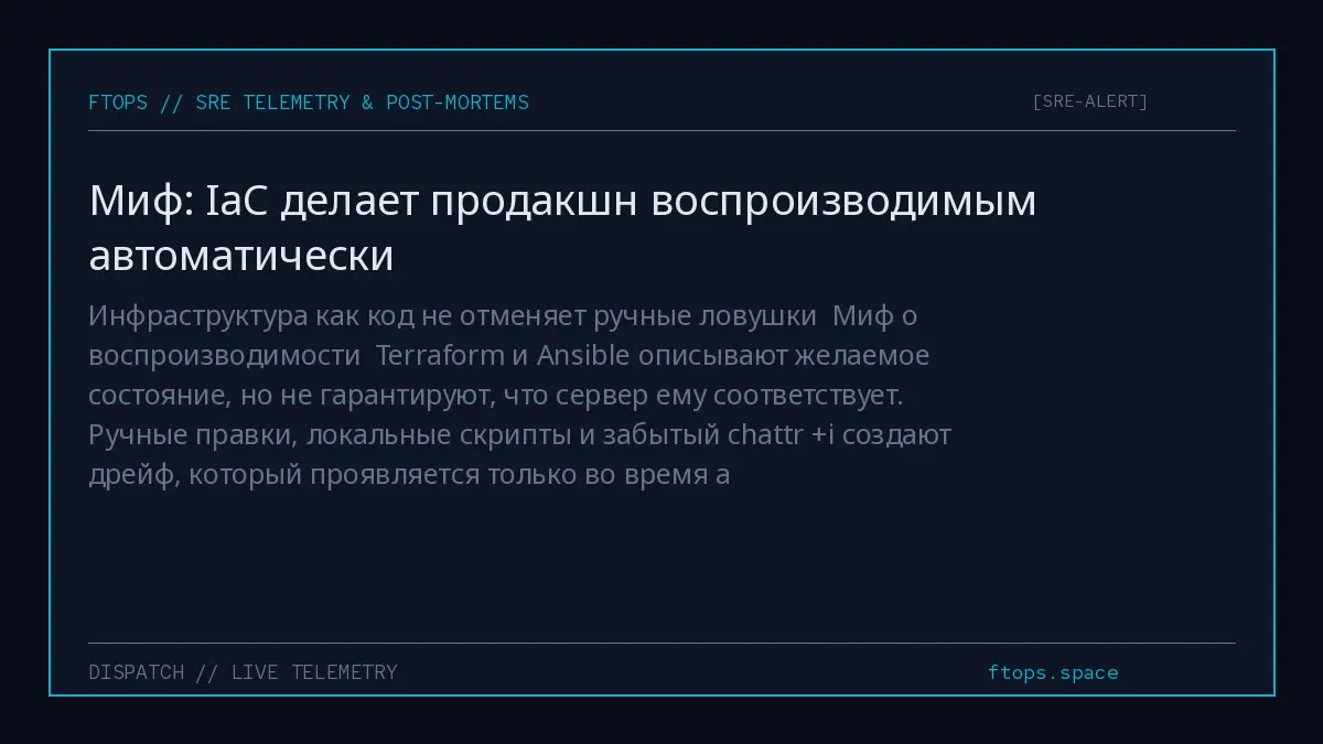Инфраструктура как код не отменяет ручные ловушки
Миф о воспроизводимости
Terraform и Ansible описывают желаемое состояние, но не гарантируют, что сервер ему соответствует | Сетка — социальная сеть от hh.ru
