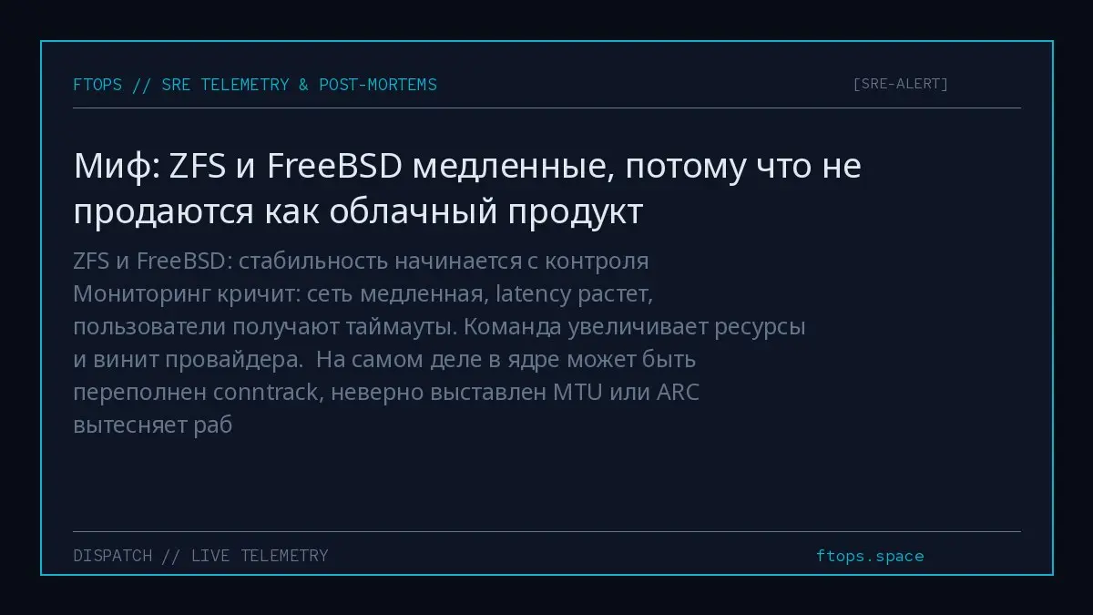 ZFS и FreeBSD: стабильность начинается с контроля
Мониторинг кричит: сеть медленная, latency растет, пользователи получают таймауты. Команда увеличивает ресурсы и винит провайдера | Сетка — социальная сеть от hh.ru