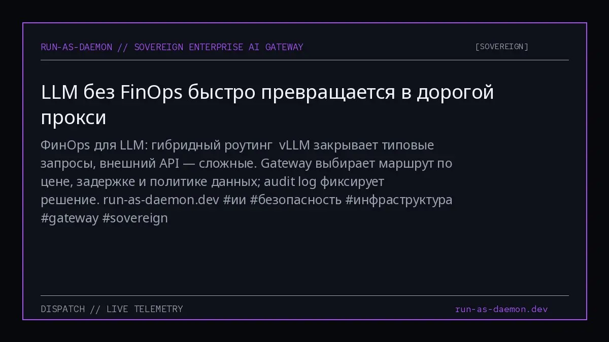 ФинOps для LLM: гибридный роутинг
vLLM закрывает типовые запросы, внешний API — сложные. Gateway выбирает маршрут по цене, задержке и политике данных; audit log фиксирует решение.
run-as-daemon | Сетка — социальная сеть от hh.ru