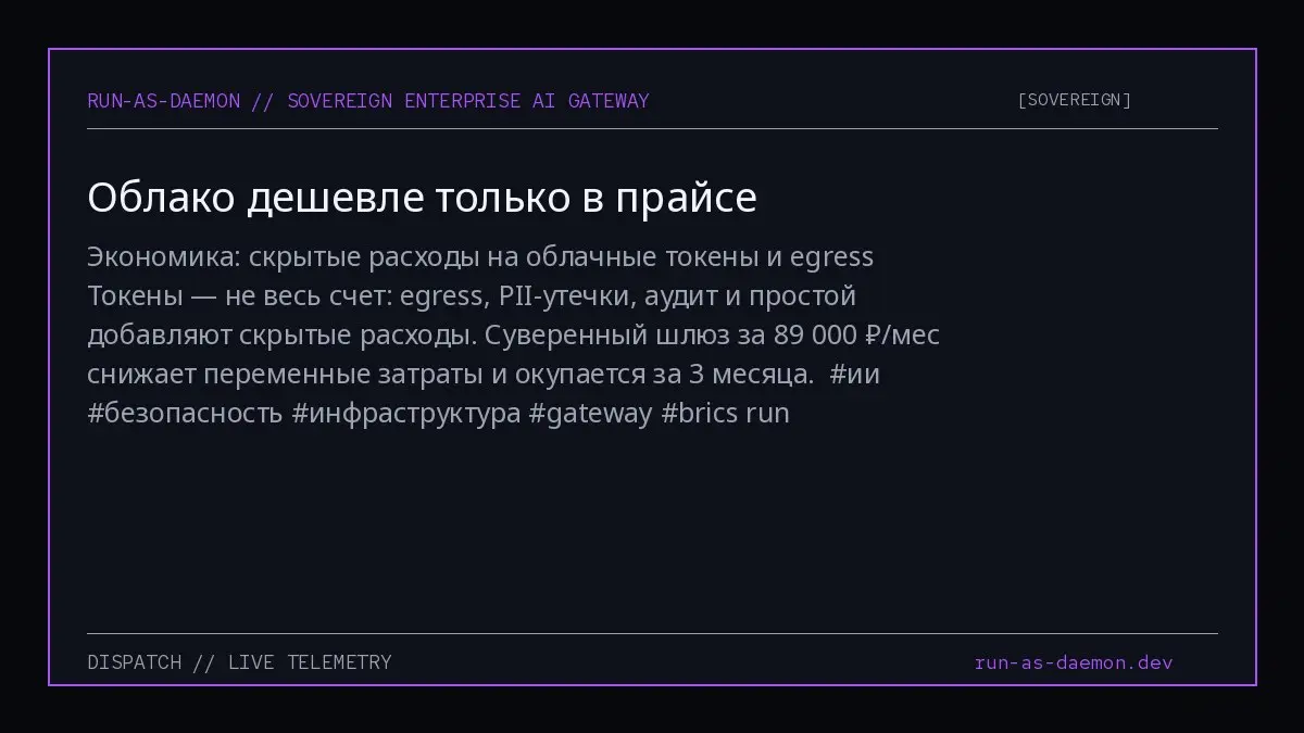 Экономика: скрытые расходы на облачные токены и egress
Токены — не весь счет: egress, PII-утечки, аудит и простой добавляют скрытые расходы | Сетка — социальная сеть от hh.ru