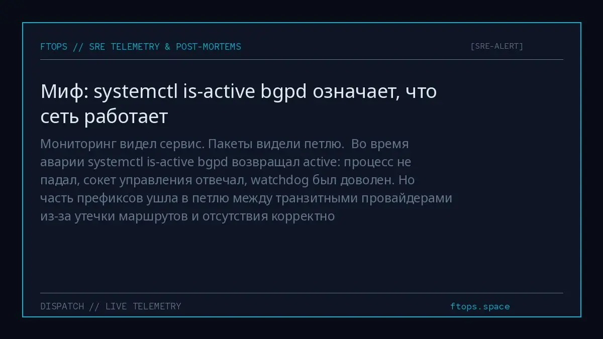 Мониторинг видел сервис. Пакеты видели петлю.
Во время аварии systemctl is-active bgpd возвращал active: процесс не падал, сокет управления отвечал, watchdog был доволен | Сетка — социальная сеть от hh.ru