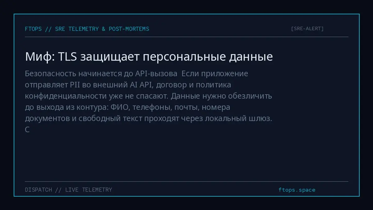 Безопасность начинается до API-вызова
Если приложение отправляет PII во внешний AI API, договор и политика конфиденциальности уже не спасают | Сетка — социальная сеть от hh.ru