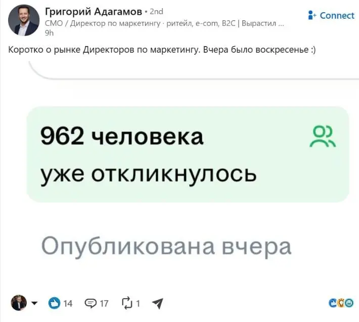 А что, директора по маркетингу уже тоже не очень нужны на рынке? С другой стороны - ИИ подскажет что делать :) Ну вообще, если честно, из ИИ слабый директор по маркетингу, но идеи она может неплохие п... | Сетка — социальная сеть от hh.ru