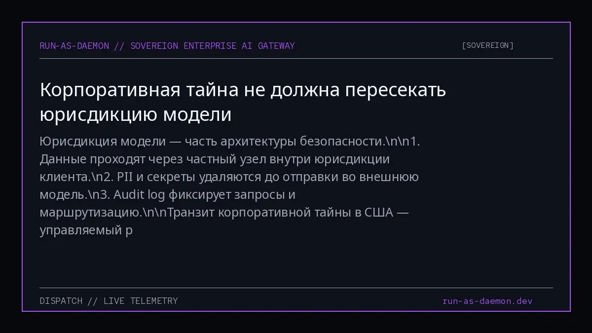 Юрисдикция модели — часть архитектуры безопасности.nn1. Данные проходят через частный узел внутри юрисдикции клиента.n2. PII и секреты удаляются до отправки во внешнюю модель.n3 | Сетка — социальная сеть от hh.ru