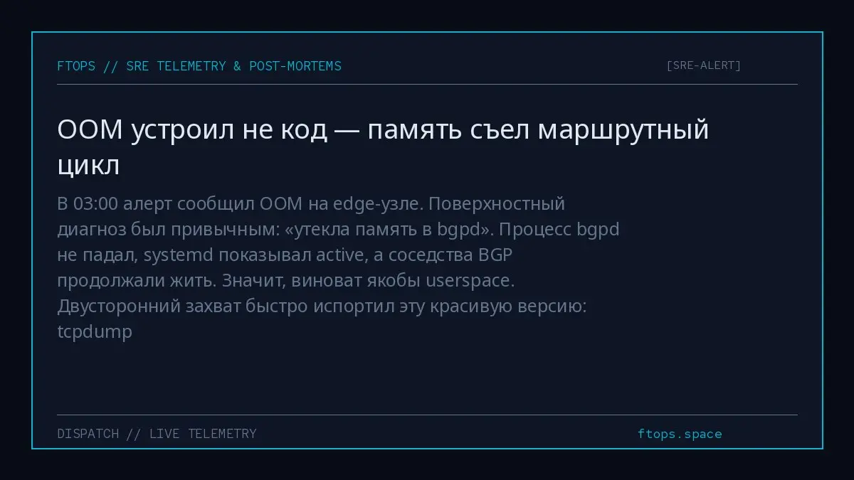 В 03:00 алерт сообщил OOM на edge-узле. Поверхностный диагноз был привычным: «утекла память в bgpd». Процесс bgpd не падал, systemd показывал active, а соседства BGP продолжали жить | Сетка — социальная сеть от hh.ru