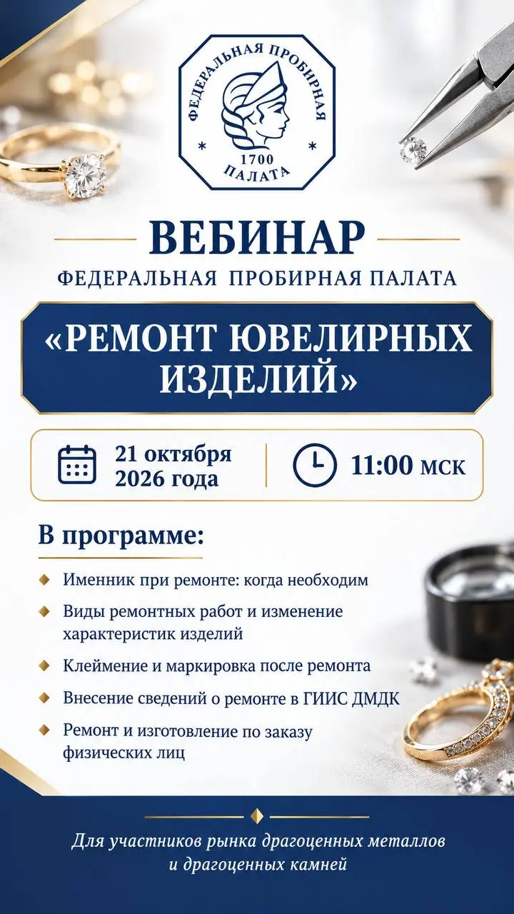 Вебинар от Федеральной пробирной палаты "Ремонт ювелирных изделий"
21 октября 2026 года в 11:00 по московскому времени Федеральная пробирная палата проведет вебинар на тему: «Ремонт ювелирных изделий:... | Сетка — социальная сеть от hh.ru