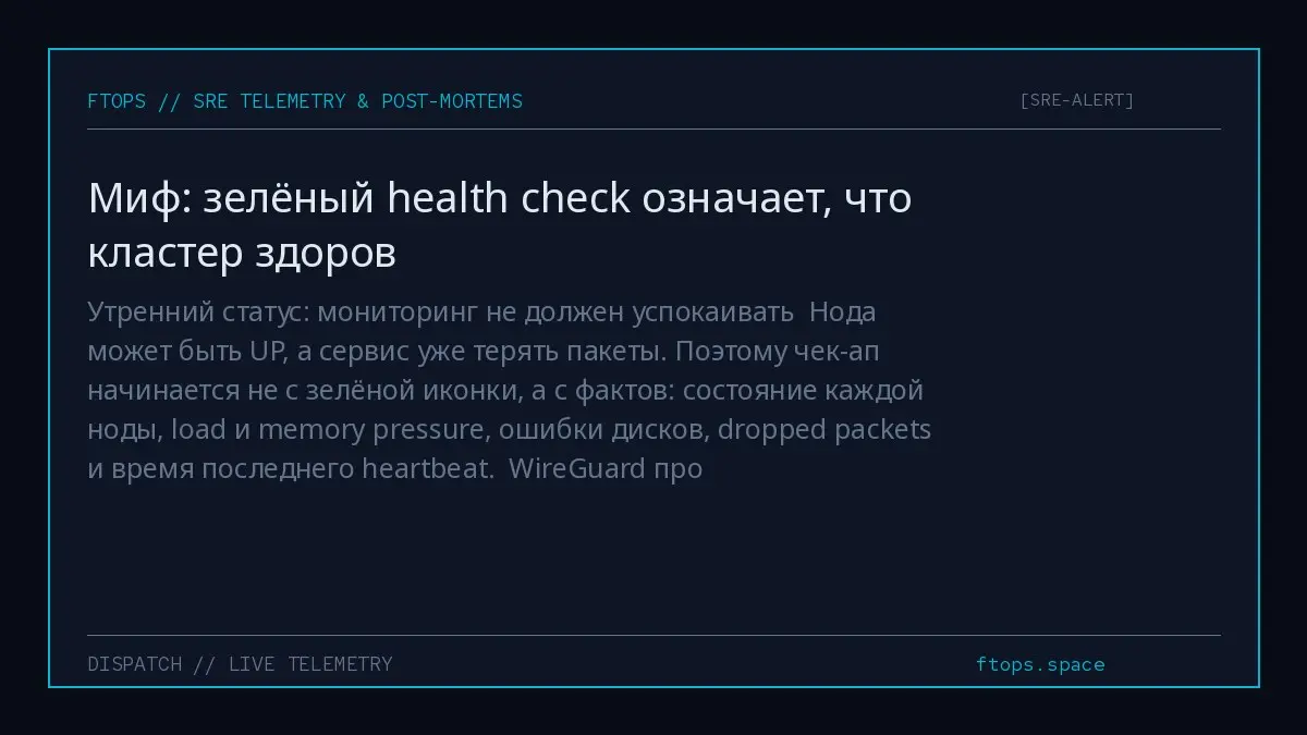 Утренний статус: мониторинг не должен успокаивать
Нода может быть UP, а сервис уже терять пакеты | Сетка — социальная сеть от hh.ru