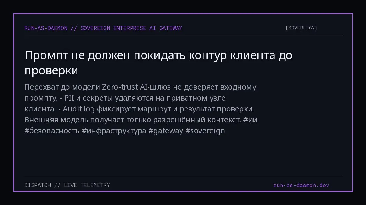 Перехват до модели
Zero-trust AI-шлюз не доверяет входному промпту.

PII и секреты удаляются на приватном узле клиента.
Audit log фиксирует маршрут и результат проверки | Сетка — социальная сеть от hh.ru