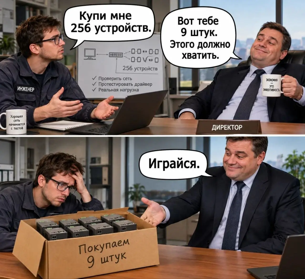 Работник-экспериментатор: «Купи мне 256 девайсов».
Директор: «Вот тебе 9 штук. Этого должно хватить».
В продолжение ранее опубликованной истории.
https://set | Сетка — социальная сеть от hh.ru