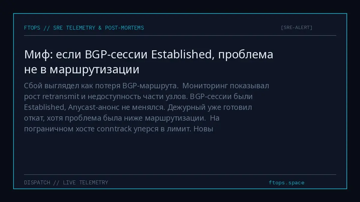 Сбой выглядел как потеря BGP-маршрута.
Мониторинг показывал рост retransmit и недоступность части узлов. BGP-сессии были Established, Anycast-анонс не менялся | Сетка — социальная сеть от hh.ru