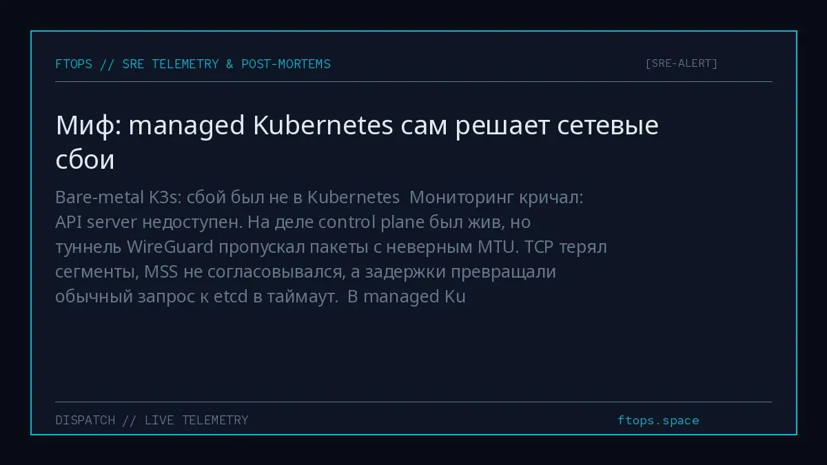 Bare-metal K3s: сбой был не в Kubernetes
Мониторинг кричал: API server недоступен. На деле control plane был жив, но туннель WireGuard пропускал пакеты с неверным MTU | Сетка — социальная сеть от hh.ru