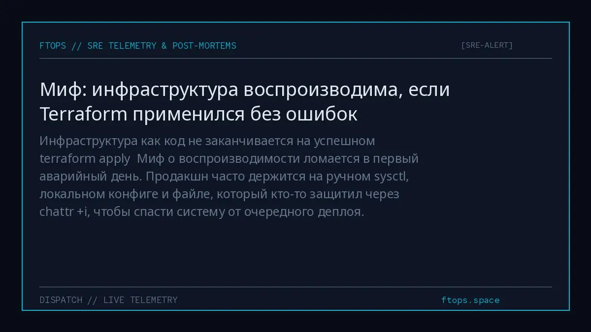 Инфраструктура как код не заканчивается на успешном terraform apply
Миф о воспроизводимости ломается в первый аварийный день | Сетка — социальная сеть от hh.ru