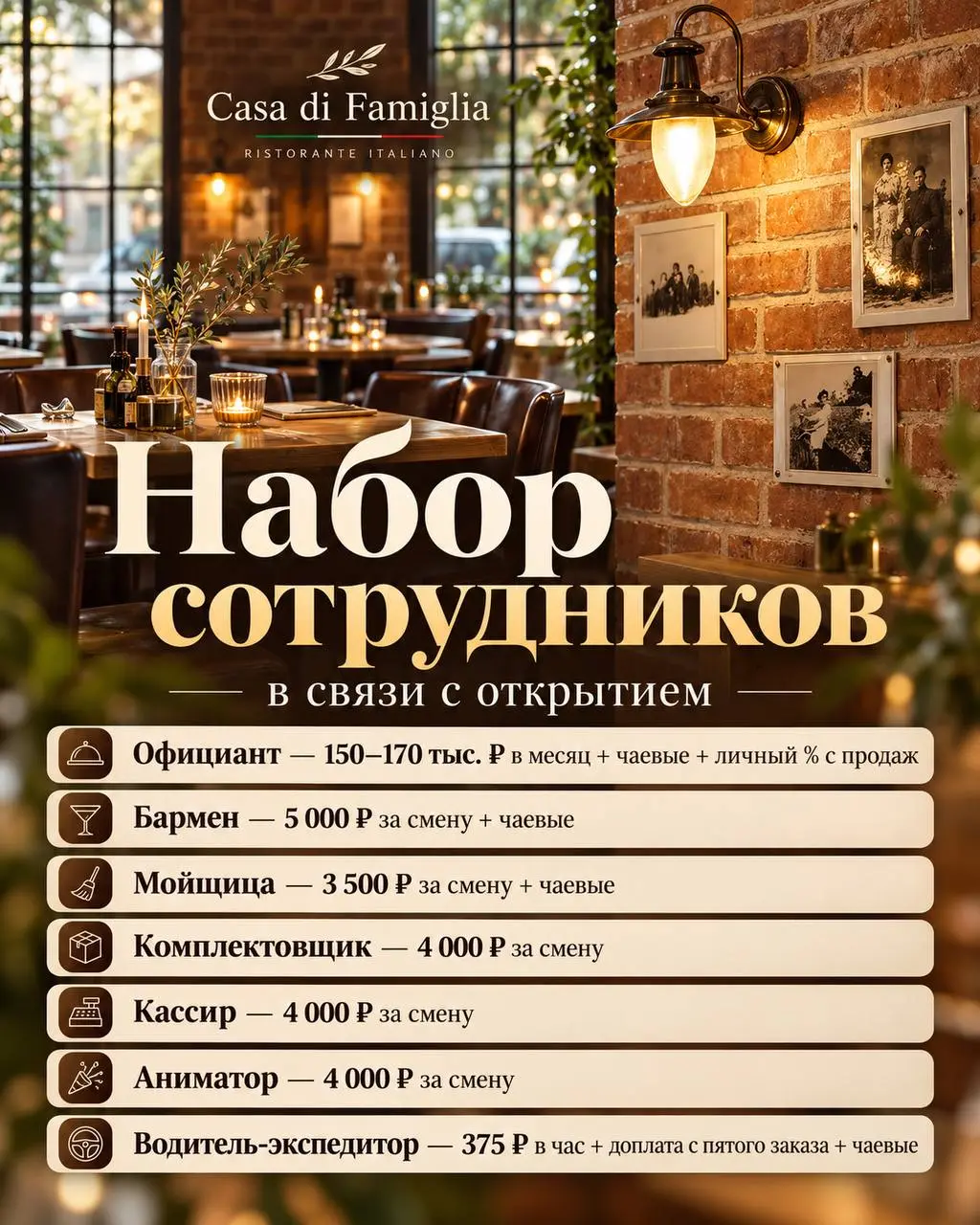 1️⃣ОФИЦИАНТ,
2️⃣БАРМЕН,
3️⃣МОЙЩИЦА,
4️⃣КОМПЛЕКТОВЩИК,
5️⃣КАССИР,
6️⃣АНИМАТОР,
7️⃣ВОДИТЕЛЬ-ЭКСПЕДИТОР
Сasa di Famiglia
• Москва, м | Сетка — социальная сеть от hh.ru