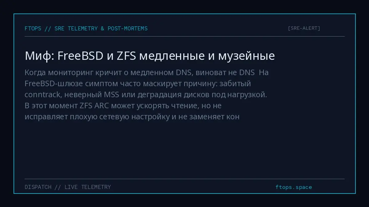 Когда мониторинг кричит о медленном DNS, виноват не DNS
На FreeBSD-шлюзе симптом часто маскирует причину: забитый conntrack, неверный MSS или деградация дисков под нагрузкой | Сетка — социальная сеть от hh.ru