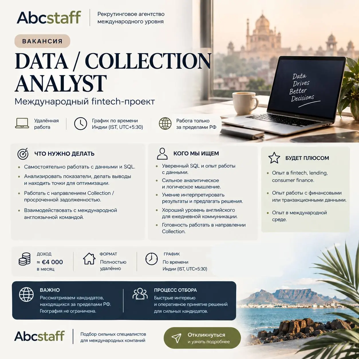 🚀 Analyst (Collection) | Remote | €4 000/month
Ищем сильного аналитика данных в международный fintech-проект.
🌍 Удаленная работа строго за пределами РФ | Сетка — социальная сеть от hh.ru