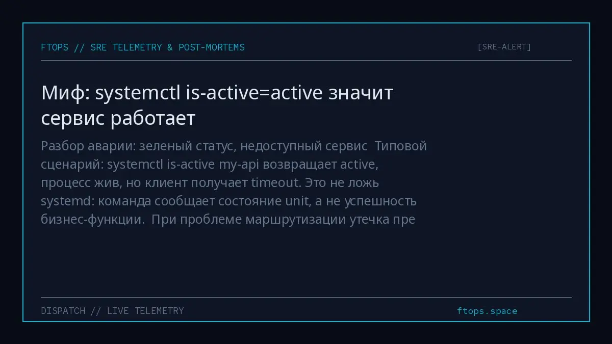 Разбор аварии: зеленый статус, недоступный сервис
Типовой сценарий: systemctl is-active my-api возвращает active, процесс жив, но клиент получает timeout | Сетка — социальная сеть от hh.ru