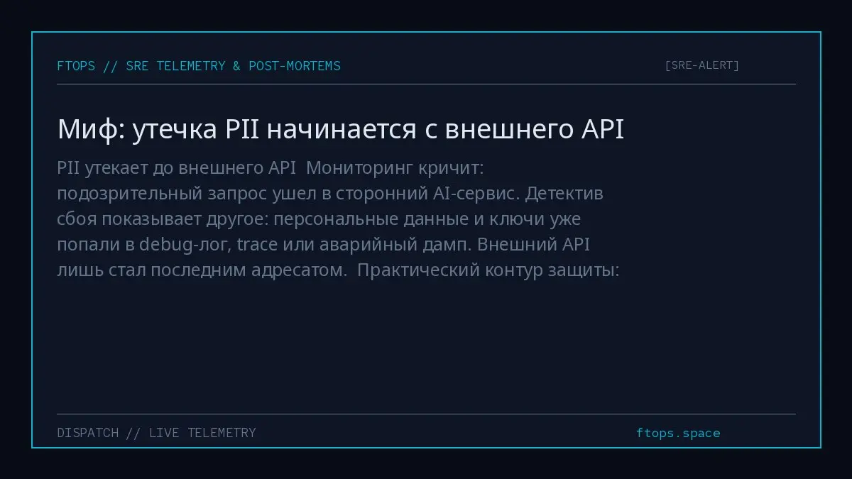 PII утекает до внешнего API
Мониторинг кричит: подозрительный запрос ушел в сторонний AI-сервис | Сетка — социальная сеть от hh.ru