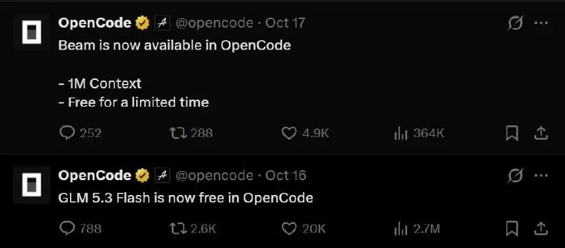 OpenCode добавили для бесплатного использования GLM 5.3 Flash с 200к контекстом.
Также внедрили открытую модель Beam от Reflection AI. Натренирована для агентных задач и кодинга | Сетка — социальная сеть от hh.ru