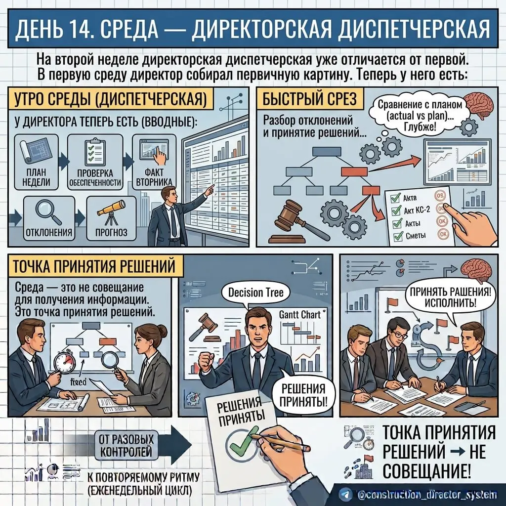 ДЕНЬ 14. Среда
Вторая директорская диспетчерская — это не повтор первой.
На Дне 9 директор впервые собрал общую картину, разобрал отклонения и принял решения | Сетка — социальная сеть от hh.ru