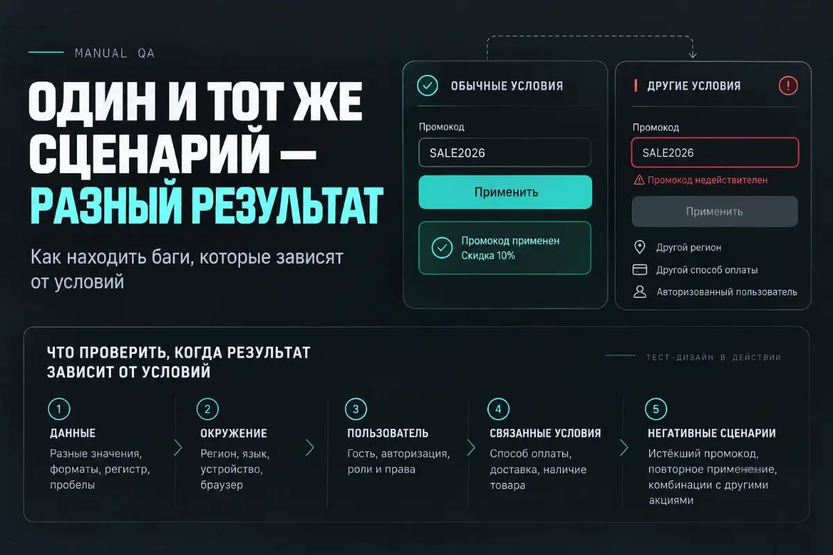 ОДИН СЦЕНАРИЙ — РАЗНЫЙ РЕЗУЛЬТАТ
Промокод работает у одного пользователя, но не применяется у другого. Код одинаковый, срок действия не истёк | Сетка — социальная сеть от hh.ru
