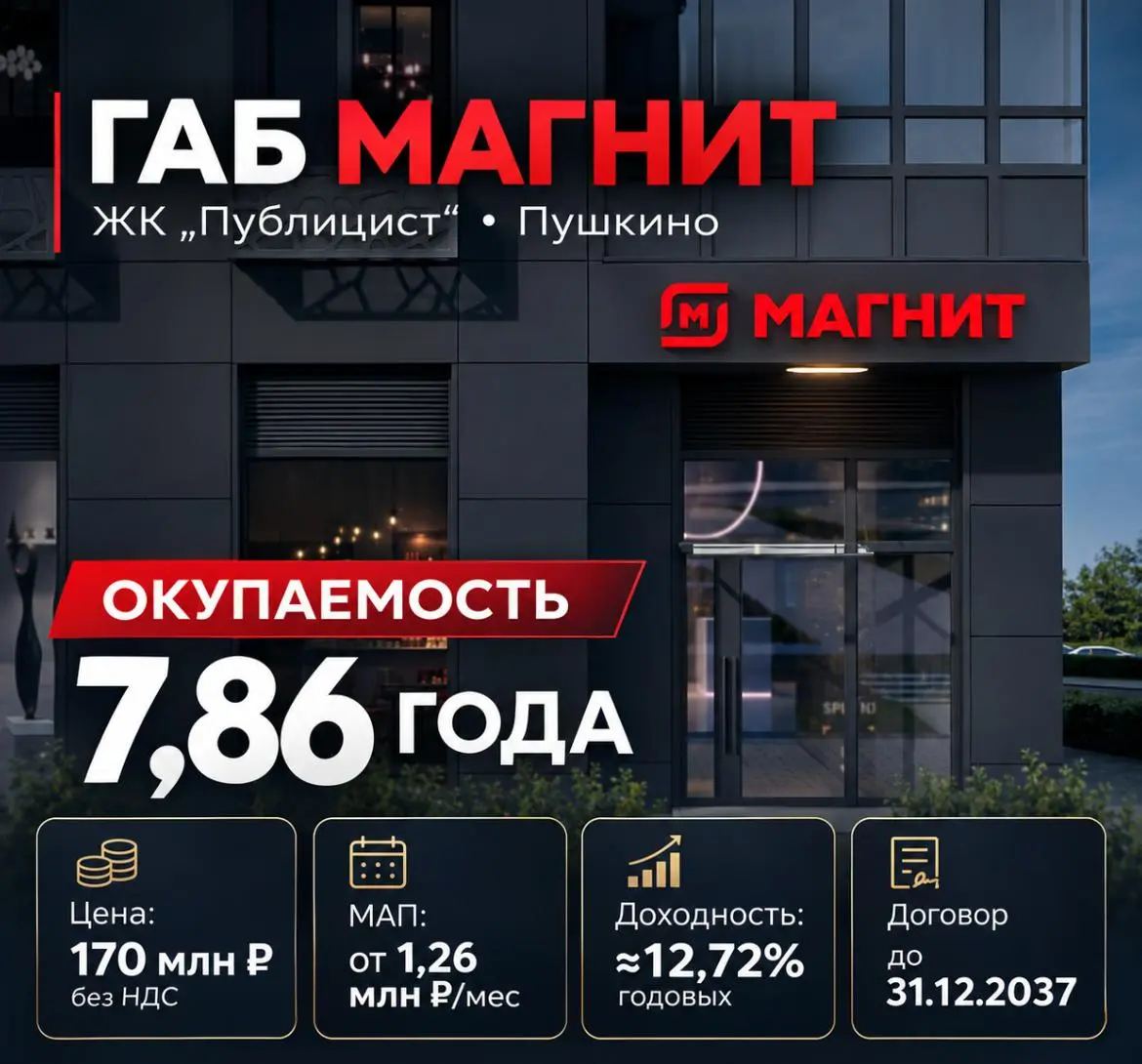 🔥ГАБ МАГНИТ В ЖК «ПУБЛИЦИСТ», окупаемость 7,86 года
Предлагаем инвесторам готовый арендный бизнес в г. Пушкино с федеральной сетью Магнит. Договор аренды уже подписан | Сетка — социальная сеть от hh.ru