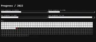 Progress of this year. Keep tracking - Анимированный прогресс года, выполненный с помощью CSS и JavaScript
https://codepen.io/fedot/pen/wvzmmbd | Сетка — социальная сеть от hh.ru