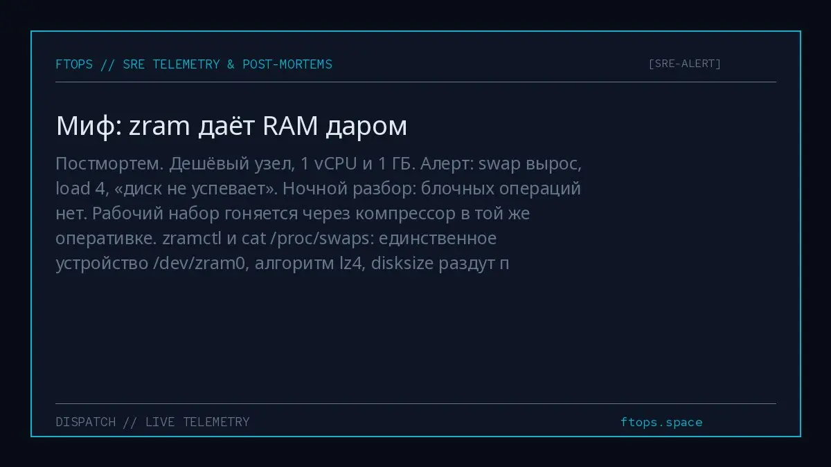 Постмортем. Дешёвый узел, 1 vCPU и 1 ГБ. Алерт: swap вырос, load 4, «диск не успевает». Ночной разбор: блочных операций нет. Рабочий набор гоняется через компрессор в той же оперативке | Сетка — социальная сеть от hh.ru