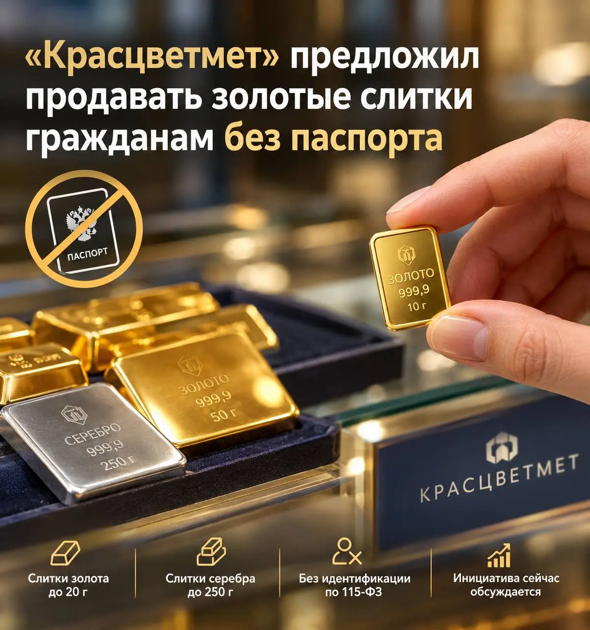 «Красцветмет» предложил продавать золотые слитки гражданам без паспорта
Компания «Красцветмет» предлагает упростить продажу слитков гражданам, разрешив продажу слитков золота массой до 20 г и серебра ... | Сетка — социальная сеть от hh.ru