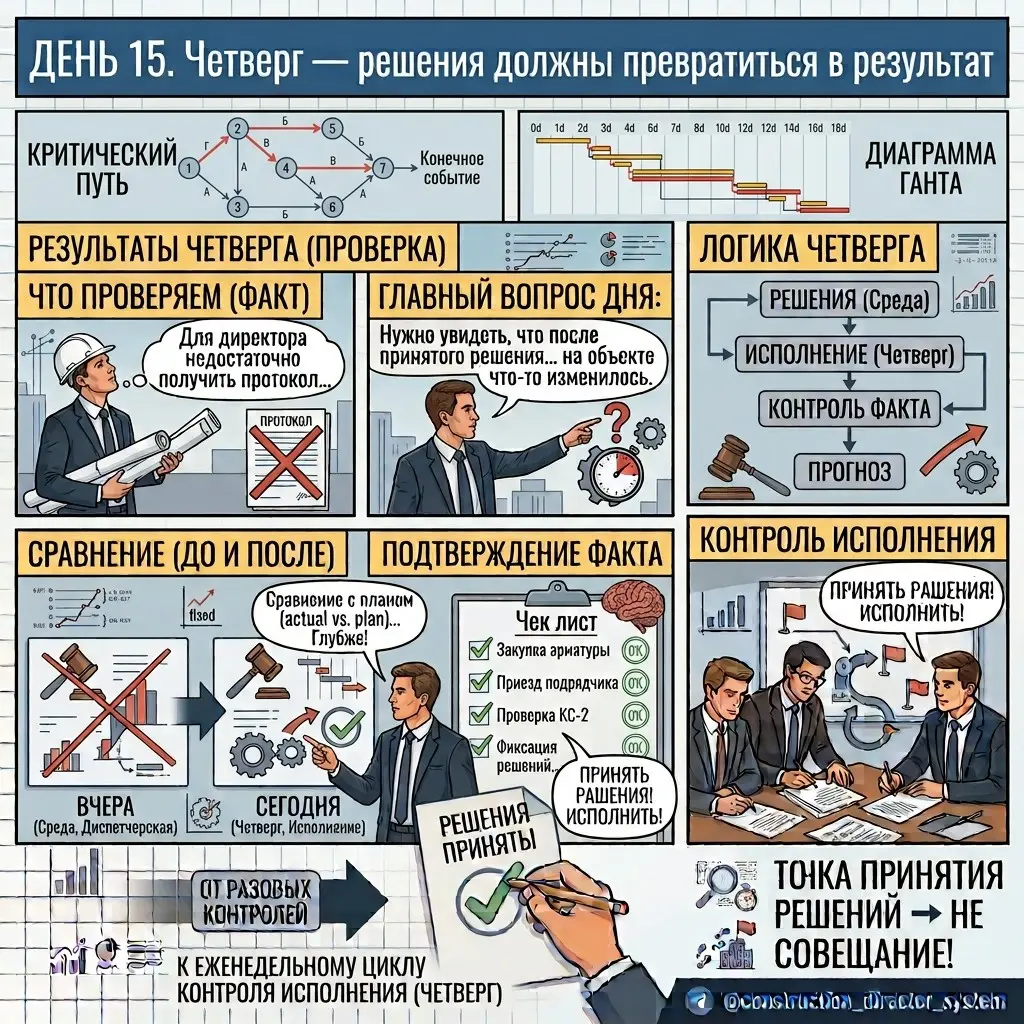 ДЕНЬ 15. Четверг — решения должны превратиться в результат
В среду приняли решения.
В четверг директор проверяет главное:
Что изменилось после вчерашней диспетчерской?
08:00–09:00 | Сетка — социальная сеть от hh.ru