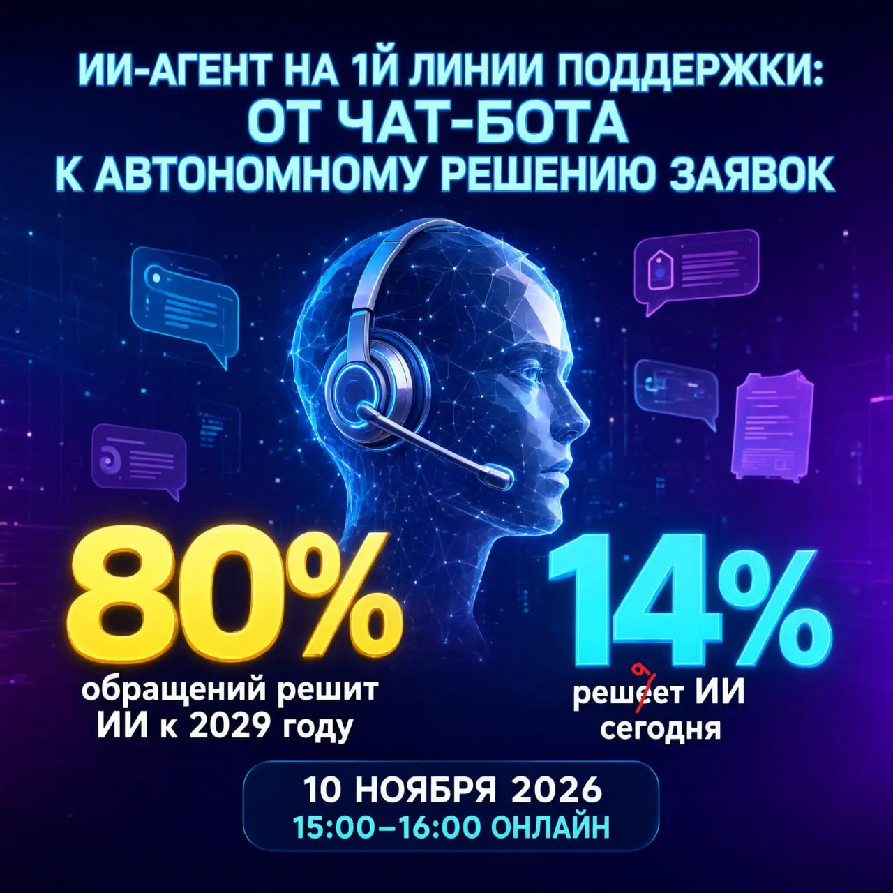 📺 ВЕБИНАР “ИИ-агент на 1й линии поддержки: от чат-бота к автономному решению заявок”
📅 10 ноября 2026
🕙 15:00–16:00 Онлайн
Для кого: ИТ-руководителей, руководителей service desk / техподдержки, архите... | Сетка — социальная сеть от hh.ru