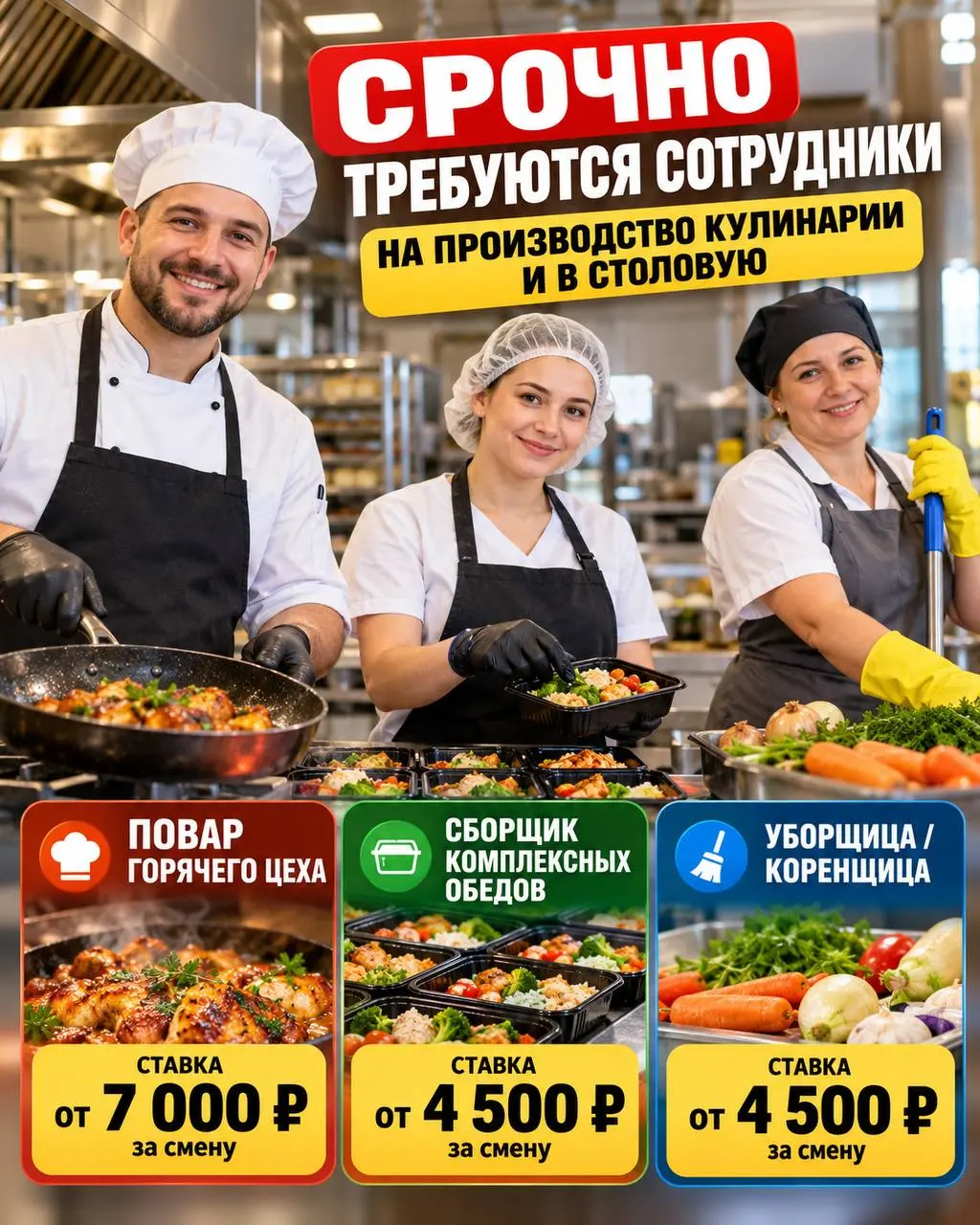 1️⃣ПОВАР ГОРЯЧЕГО ЦЕХА,
2️⃣УБОРЩИЦА-КОРЕНЩИЦА,
3️⃣СБОРЩИК КОМПЛЕКСНЫХ ОБЕДОВ
производство кулинарии и столовая
• Москва, м | Сетка — социальная сеть от hh.ru
