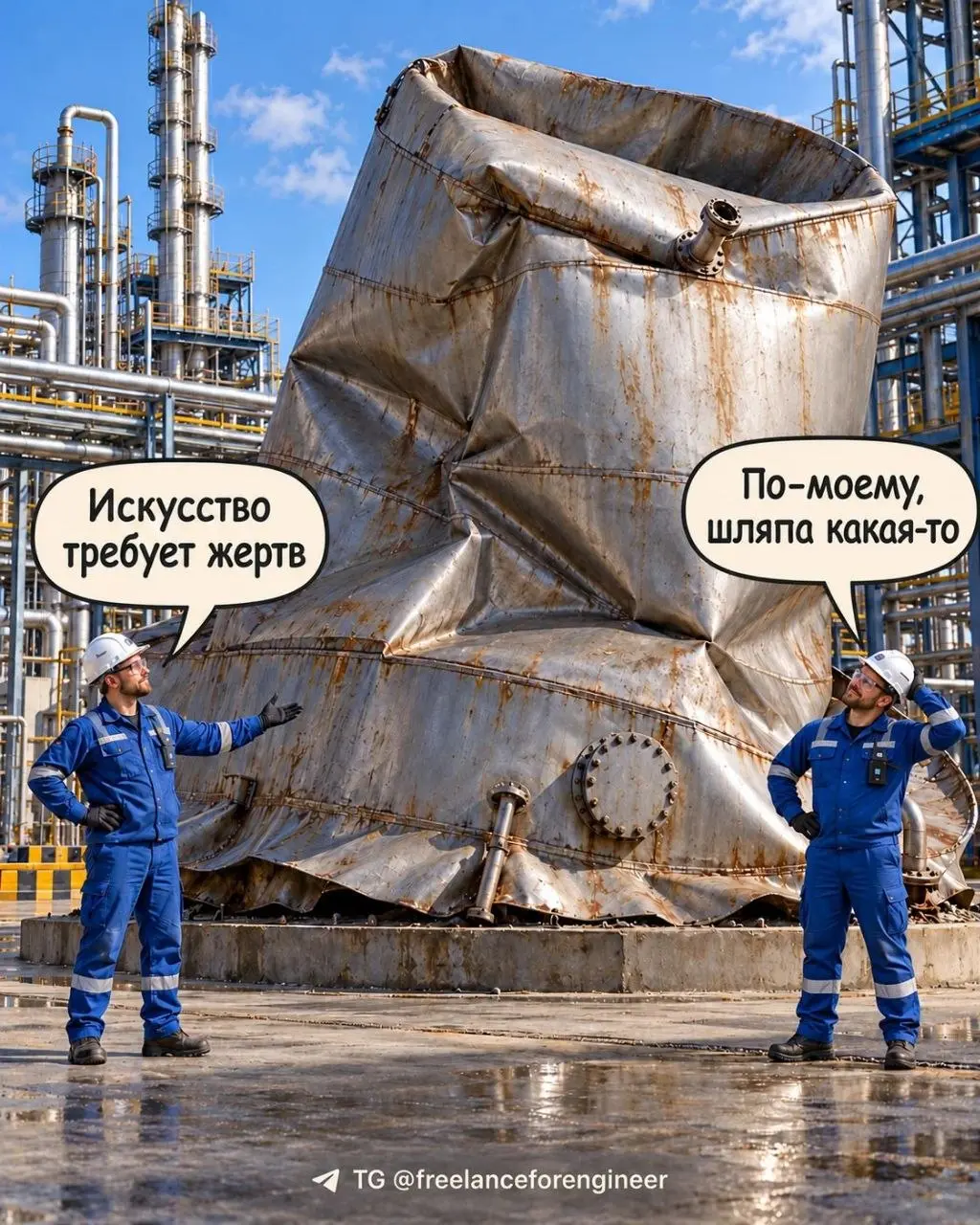 Вакуум есть. Сепаратора нет.
В процессе вакуумирования сепаратор решил проверить, насколько хорошо он держит форму.
В какой-то момент корпус не выдержал перепада давления и начал складываться внутрь | Сетка — социальная сеть от hh.ru