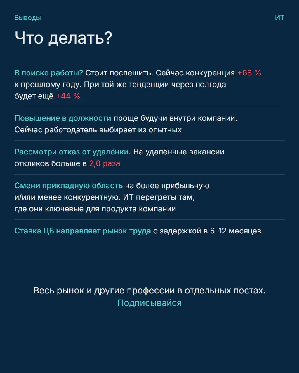 Где сейчас рынок труда информационных технологий и куда направить усилия?
Собрал данные hh в наглядные карточки с рекомендациями
Все графики и методика
Перешли тому, кто в поиске работы | Сетка — социальная сеть от hh.ru