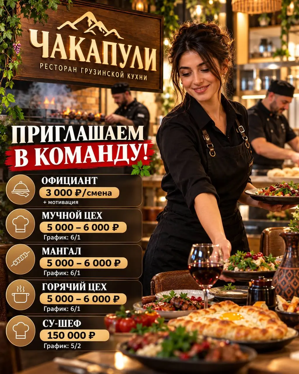 1️⃣ОФИЦИАНТ,
2️⃣ПОВАР ГОРЯЧЕГО ЦЕХА,
3️⃣МАНГАЛЬЩИК,
4️⃣ПОВАР МУЧНОГО ЦЕХА,
5️⃣СУ-ШЕФ
Чакапули
• Москва, м | Сетка — социальная сеть от hh.ru