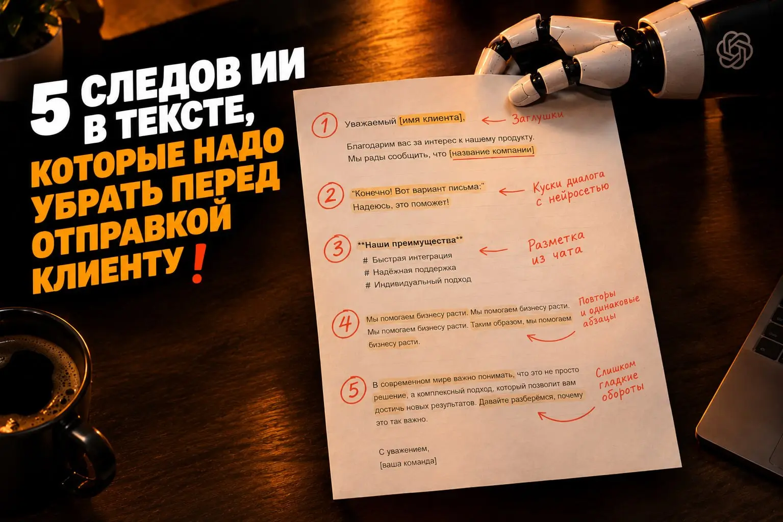 5⃣ следов ИИ в тексте, которые надо убрать перед отправкой клиенту❗️
ИИ написал письмо, вы пробежали глазами, нажали «отправить»… А клиент получил «Уважаемый [имя клиента]» | Сетка — социальная сеть от hh.ru