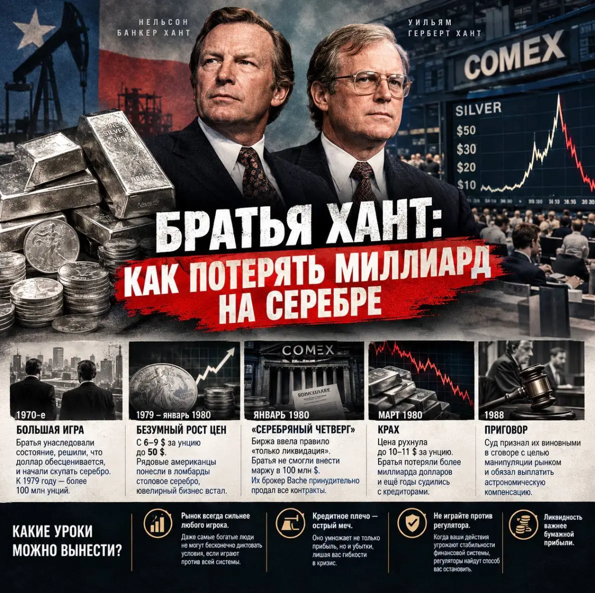 🙋‍♀️ Братья Хант: как потерять миллиард на серебре
В 1980 году два техасских миллиардера, Нельсон Банкер и Уильям Герберт Хант, попытались провернуть аферу века — скупить почти всё мировое серебро | Сетка — социальная сеть от hh.ru