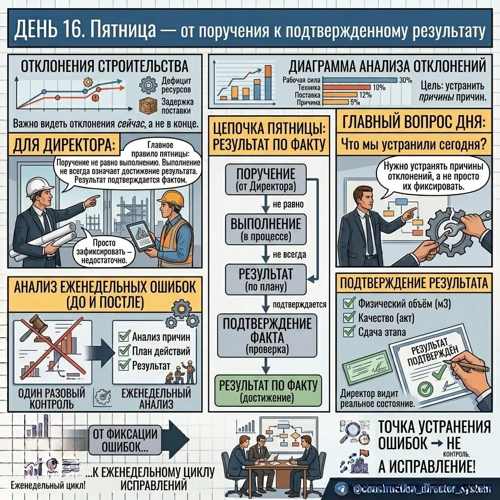 ДЕНЬ 16. Пятница — что реально сделано за неделю
Понедельник — определили, что должно произойти.
Вторник — проверили фактическое состояние.
Среда — приняли решения.
Четверг — проверили исполнение | Сетка — социальная сеть от hh.ru