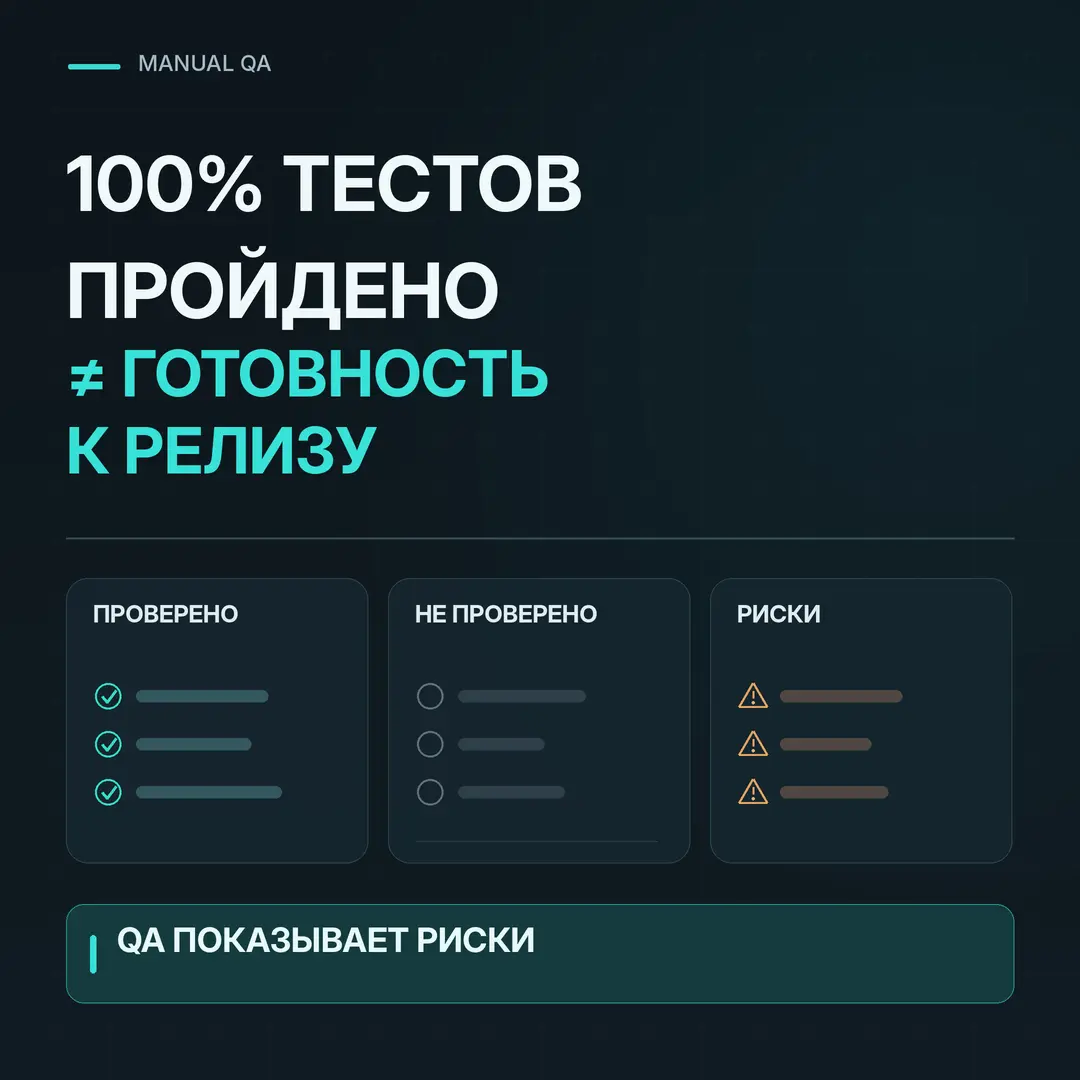 100% ТЕСТОВ ПРОЙДЕНО. А РЕЛИЗ ГОТОВ?
В отчёте все проверки зелёные. Но за час до релиза выясняется: оплату новым способом никто не проверял — его добавили после согласования тестов | Сетка — социальная сеть от hh.ru