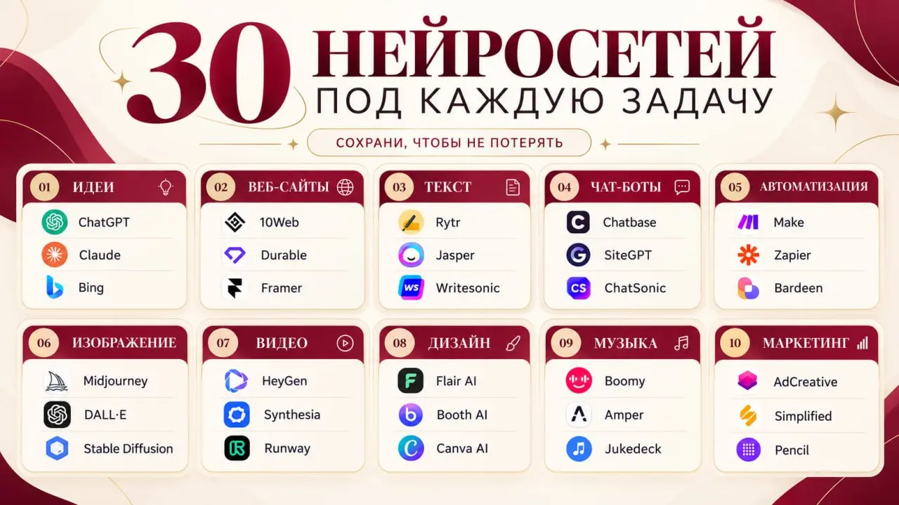 Картинку с подборкой 30 нейросетей на все случаи жизни можешь смело сохранять в закладки | Сетка — социальная сеть от hh.ru
