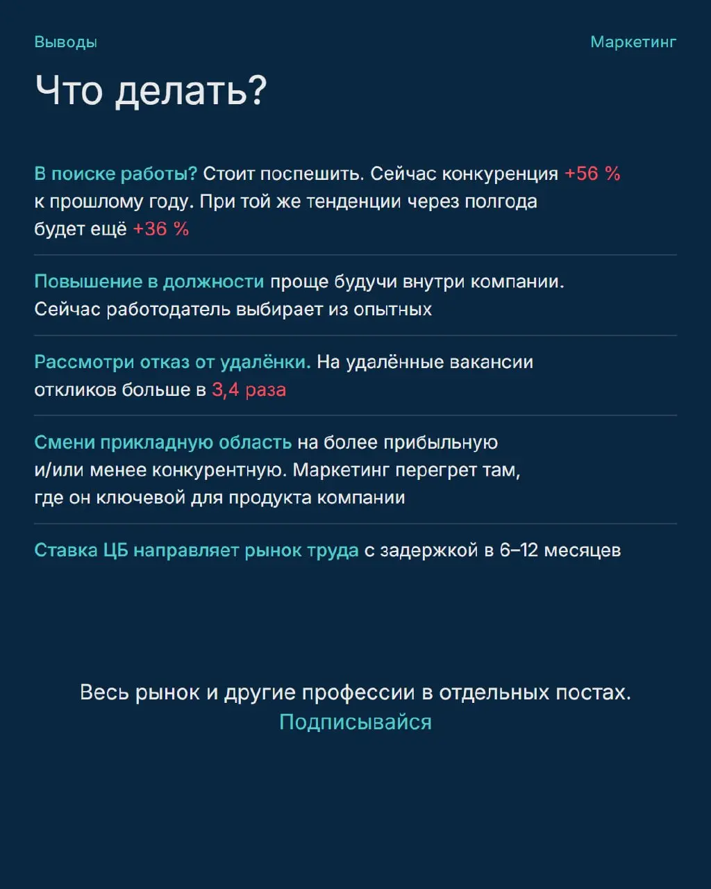 Где сейчас рынок труда маркетинга и куда направить усилия?
Собрал данные hh в наглядные карточки с рекомендациями
Все графики и методика
Перешли тому, кто в поиске работы | Сетка — социальная сеть от hh.ru