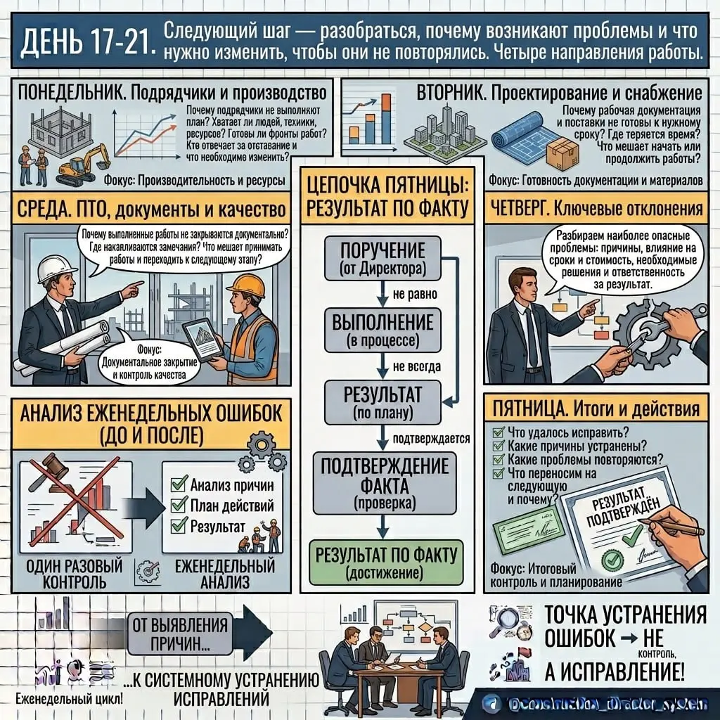 СЛЕДУЮЩАЯ НЕДЕЛЯ. РАЗБИРАЕМ ПРОБЛЕМЫ СТРОИТЕЛЬСТВА
Первую неделю мы собирали факты, проверяли документы, выявляли отклонения и выстраивали рабочий ритм директора | Сетка — социальная сеть от hh.ru