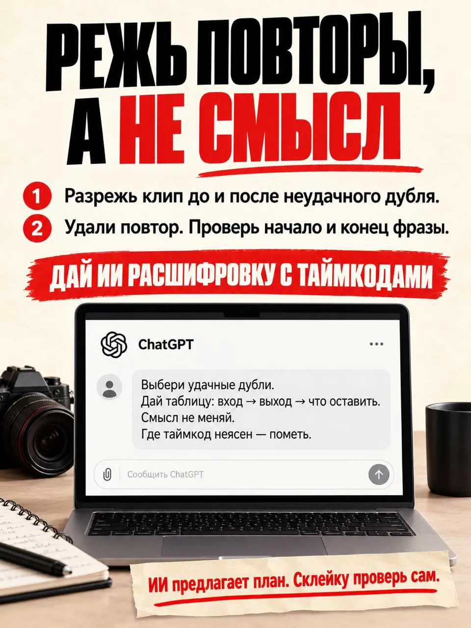 🎬 Нет денег на монтажёра? Собери Reels сам
Записать видео — полдела. Потом выясняется, что половину дублей нужно вырезать, голос звучит тихо, музыка мешает, а субтитры закрывают лицо | Сетка — социальная сеть от hh.ru