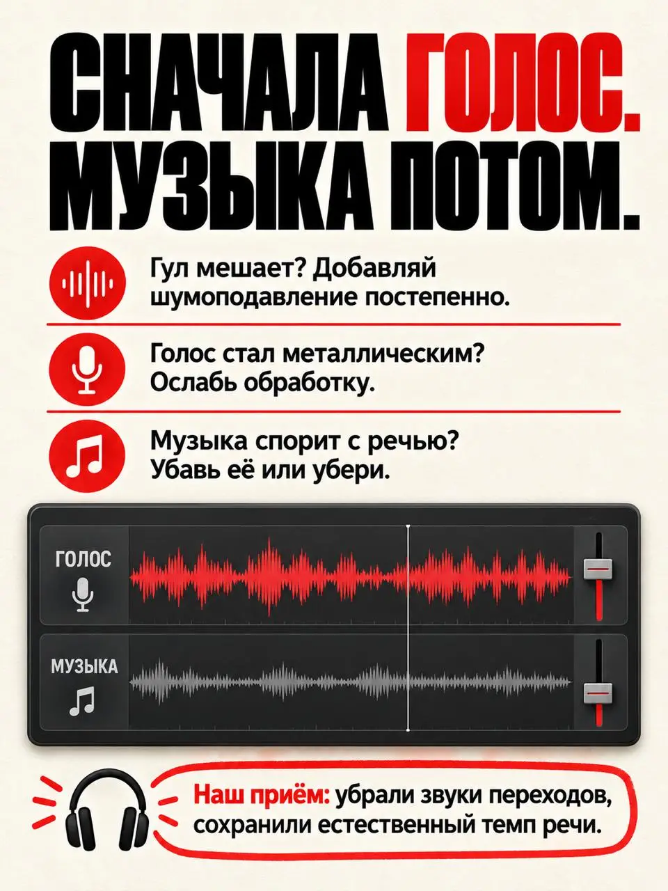 🎬 Нет денег на монтажёра? Собери Reels сам
Записать видео — полдела. Потом выясняется, что половину дублей нужно вырезать, голос звучит тихо, музыка мешает, а субтитры закрывают лицо | Сетка — социальная сеть от hh.ru