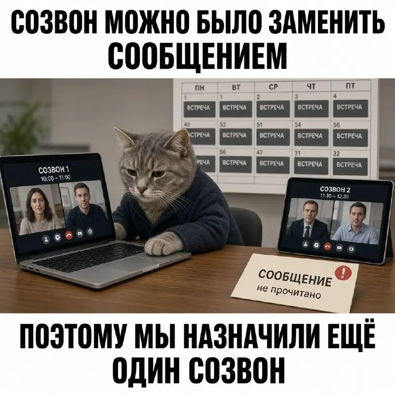 Пятничное наблюдение
Созвон можно было заменить одним сообщением.
Поэтому провели созвон, чтобы договориться о втором созвоне, на котором решим, кто напишет сообщение | Сетка — социальная сеть от hh.ru