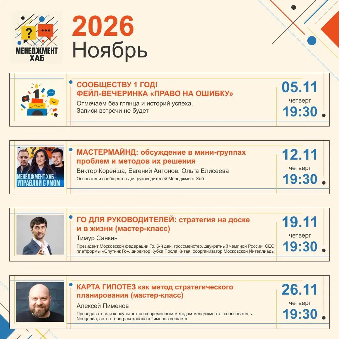 🎂 5 ноября «Менеджмент Хабу» - год !
У нашего сообщества есть официальная дата рождения — 5 ноября. В этом году она ещё и совпала с четвергом — днём наших встреч | Сетка — социальная сеть от hh.ru