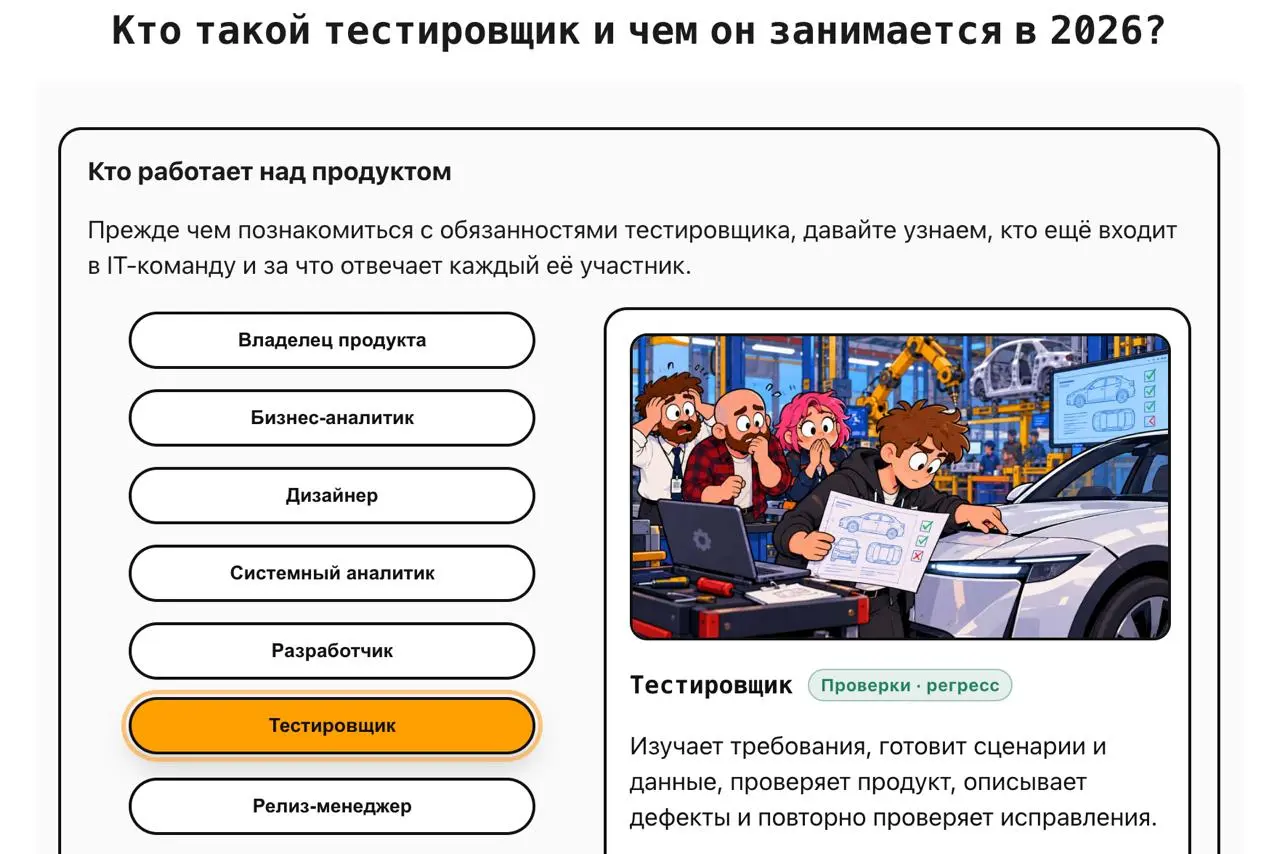 Статья "Кто такой тестировщик и чем он занимается в 2026?"
Получила обновление страница со статьей:
Добавлен состав команды и описание, заменены рисунки, а также добавлен тренажёр, в котором нужно рас... | Сетка — социальная сеть от hh.ru